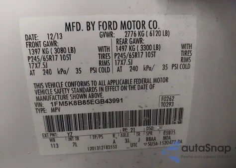 2014 Ford Explorer z USA, uszkodzony, nr VIN 1FM5K8B85EGB43991